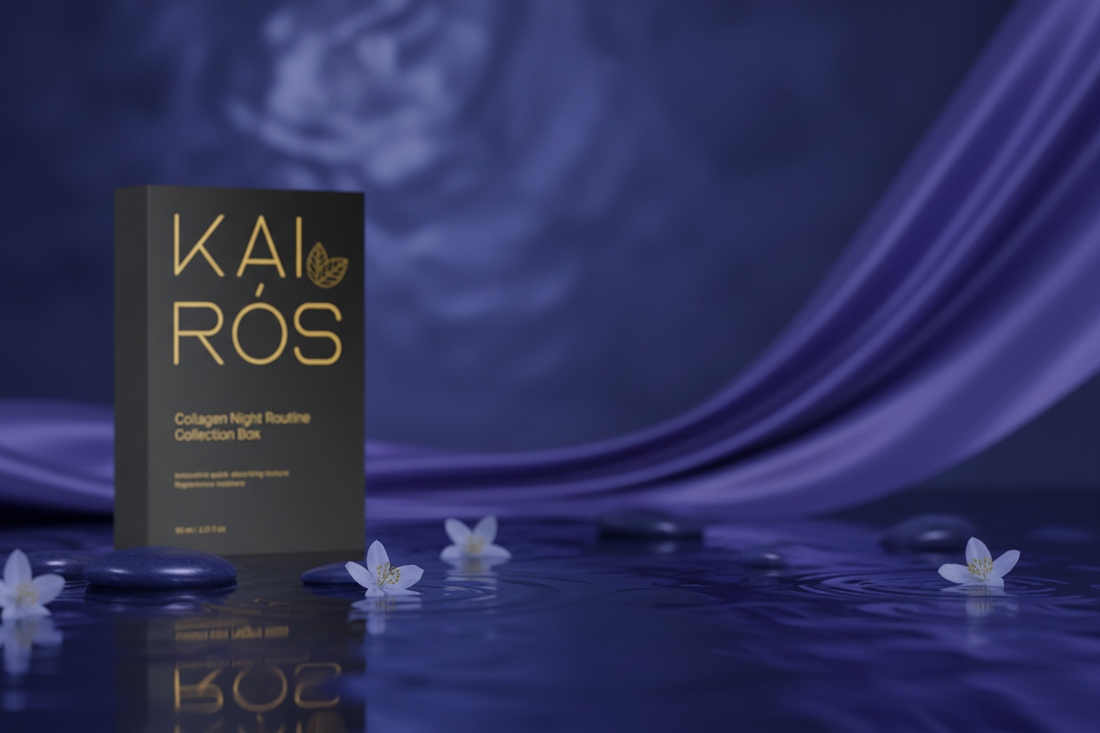 Trío Collagen Rutina de Noche GOLD Line de Kairós sobre fondo nocturno premium con tonos azules y texturas sedosas